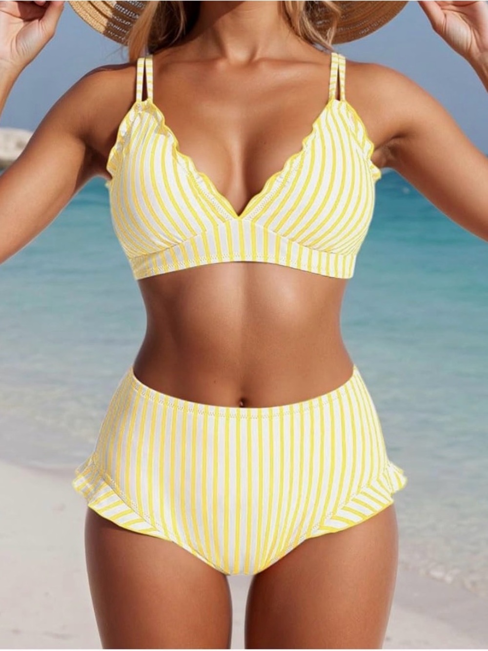 Yellow Striped High-Waist Bikini Set - Women Swim